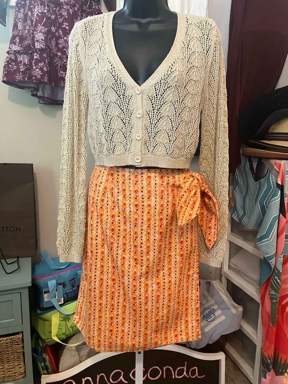 L.L. Bean Vintage Orange Floral Stripe Wrap Skirt with Side Tie